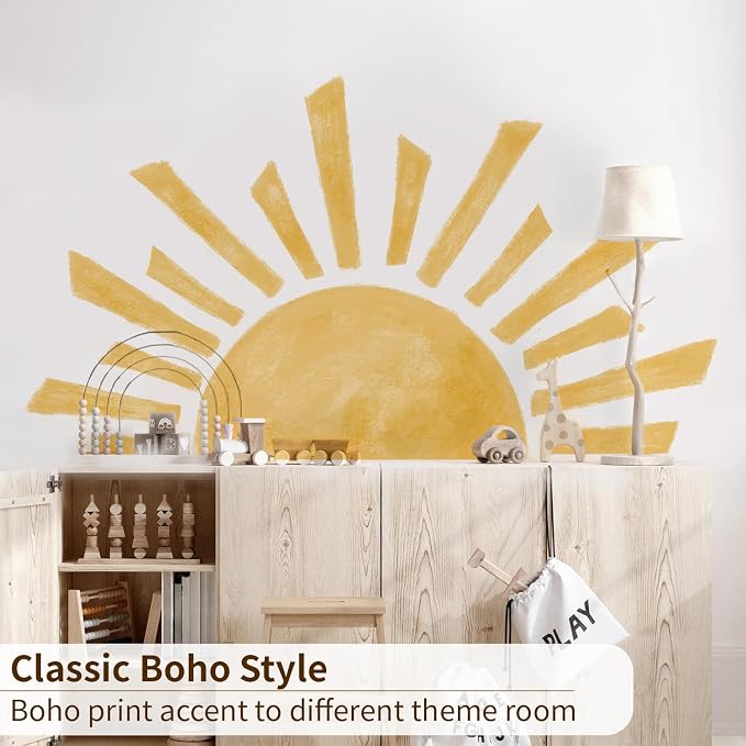 Large Boho Half Sunrise Wall Decals Peel and Stick, Watercolor Sun Decal Sunrise Wall Murals Stickers, Sunshine Wall Stickers for Kids Room Playroom Nursery Bedroom, 47.28" x 26.40"