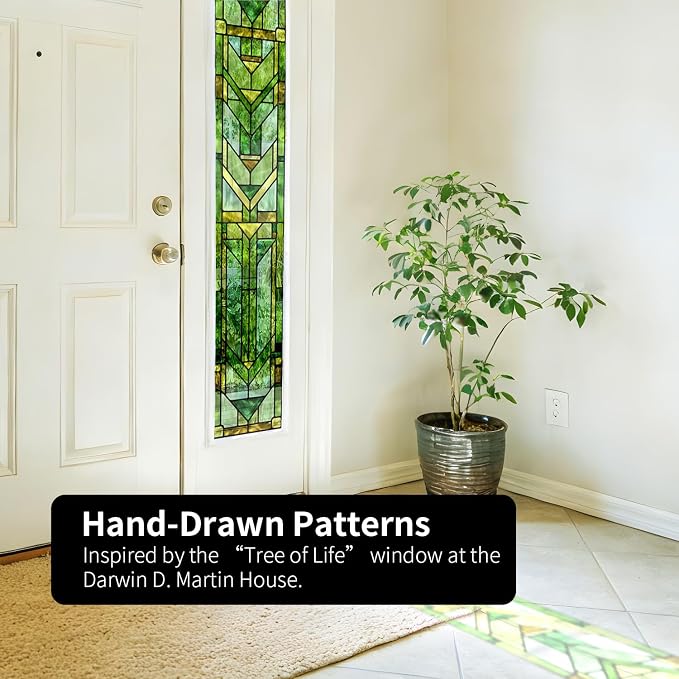 Faux Stained Glass Effect Transparent Window Film, Original Hand Drawn Static Cling for Sidelight Door Glass Decor Inspired by Frank Lloyd Wright, 11.02" x55.12" Martin House, Green