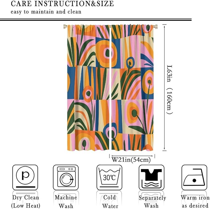 JESTRONRY Mid Century Boho Curtains, Modern Abstract Cute Retro Floral Vintage Checkered Flower Print Blackout Window Door Curtains for Bedroom Living Room Home Decor 42x63in