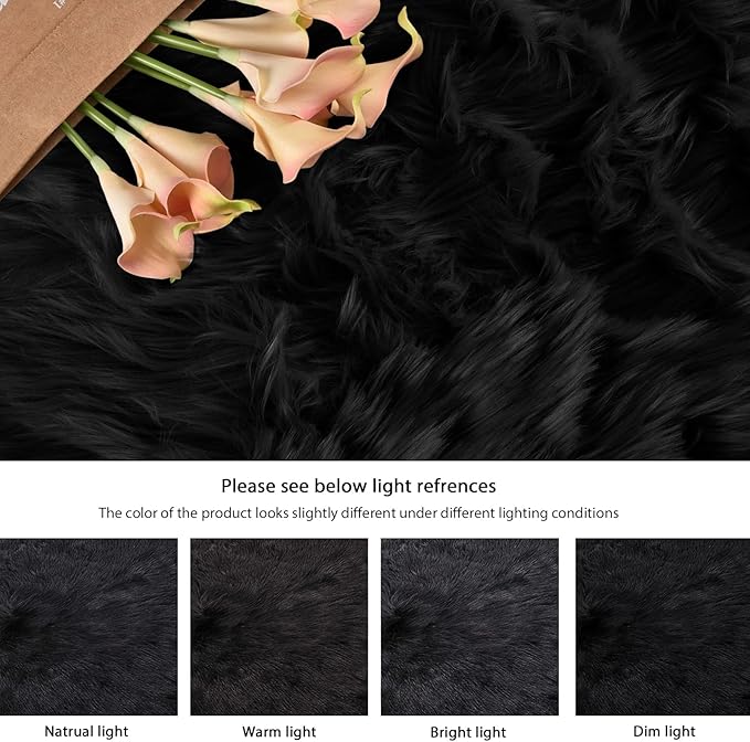 ORINOVA Black Shag Washable Furry Fur Area Rugs for Bedroom Faux Sheepskin Fuzzy Fur Nursery Rug Runners 2x6 Cute Room Décor