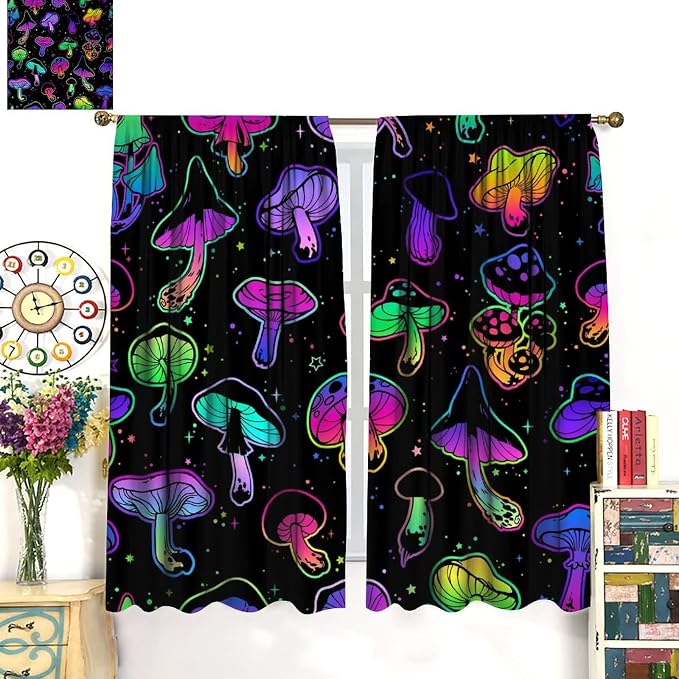 Mushroom Curtains Colorful Cartoon Plant Print Window Treatments for Bedroom Living Room Kitchen Fantasy Psychedelic Mushroom Window Drapes 2 Panels Set,Total Size 84 x 84 Inch