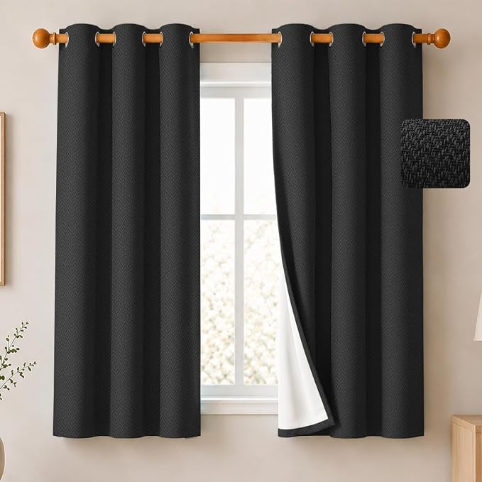 2 Panels 100% Blackout Linen-Textured Curtains, Thick Thermal Insulated Grommet Drapes with Subtle Herringbone Weave, Luxury Decor for Bedroom/Living Room, 37 x 54 Inches, Black