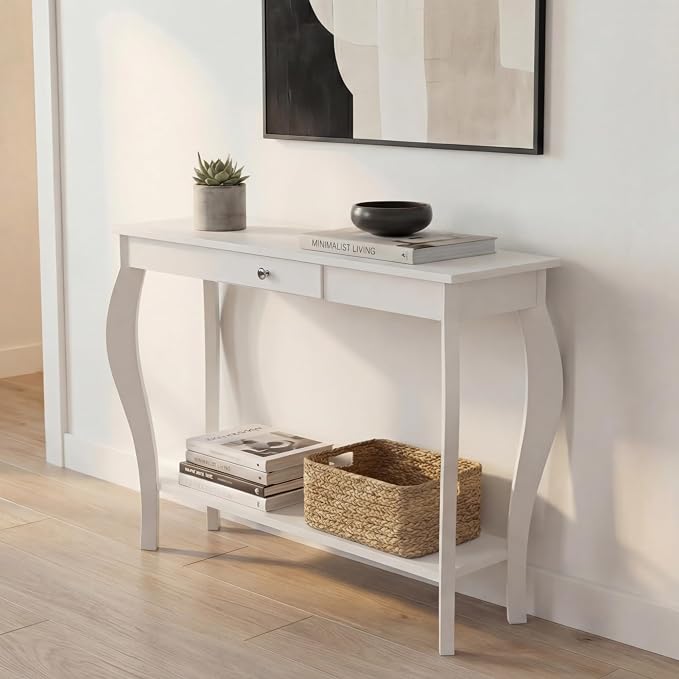 ChooChoo Narrow Console Table with Drawer, Chic Accent Sofa Table, Entryway Table, 39.3 Inch, White