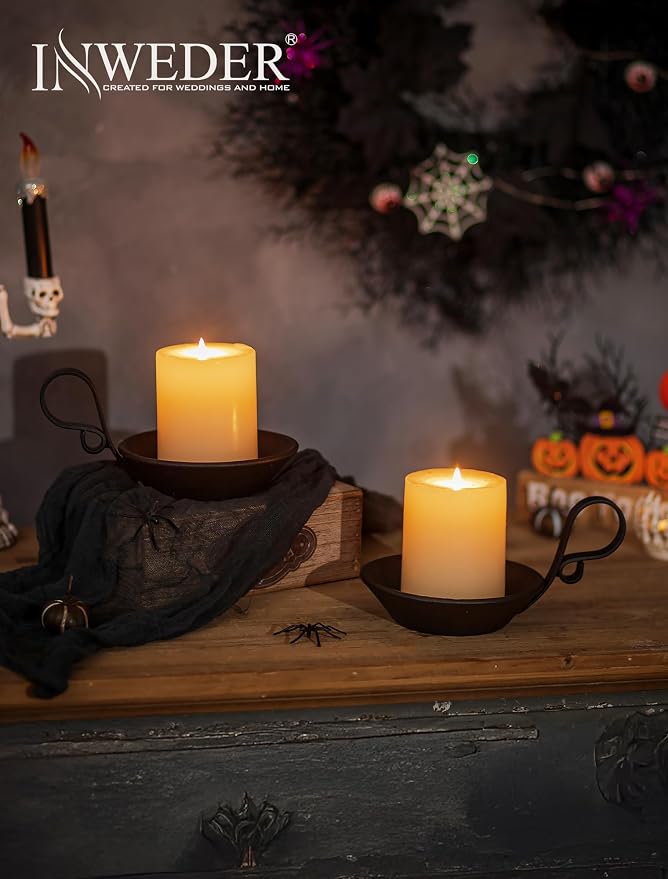 Iron Pillar Candle Holder: Vintage Black Candle Plate with Handle | Heavy Cast Iron, With Safety Spike for 3.3" Pillar, Gothic Decorative Stand for Halloween, Dining Table, Christmas, Set of 1
