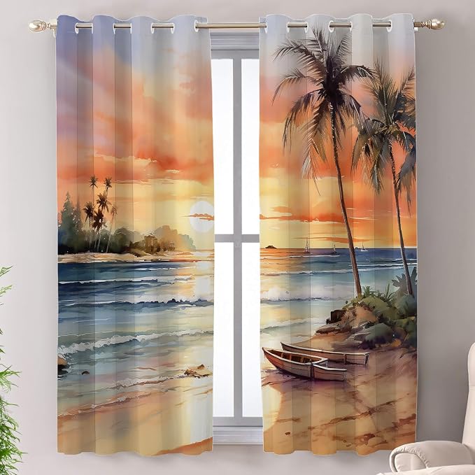 Shrahala Sunset Beach Thermal Insulated Blackout Window Curtains, Tropical Seaside Scene Long Drapes for Bedroom/Living Room with Plastic Grommet, 52X63 Set of 2