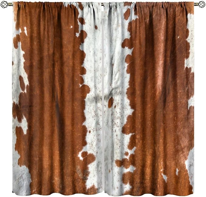 Cowhide Blackout Curtains, Retro Farmhouse Animal Spotted Brown White Cow Texture Print Rod Pocket Curtain Window Treatments 2 Panels Drapes for Bedroom Office Living Room Kitchen Decor 52"W X 84"L