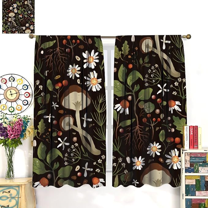 Rustic Mushroom Curtains, Vintage Woodland Wild Chamomile Flowers Mushroom Plants Leaves Print Blackout Window Drapes for Kitchen Bedroom Livingroom, 52" W X 84" L