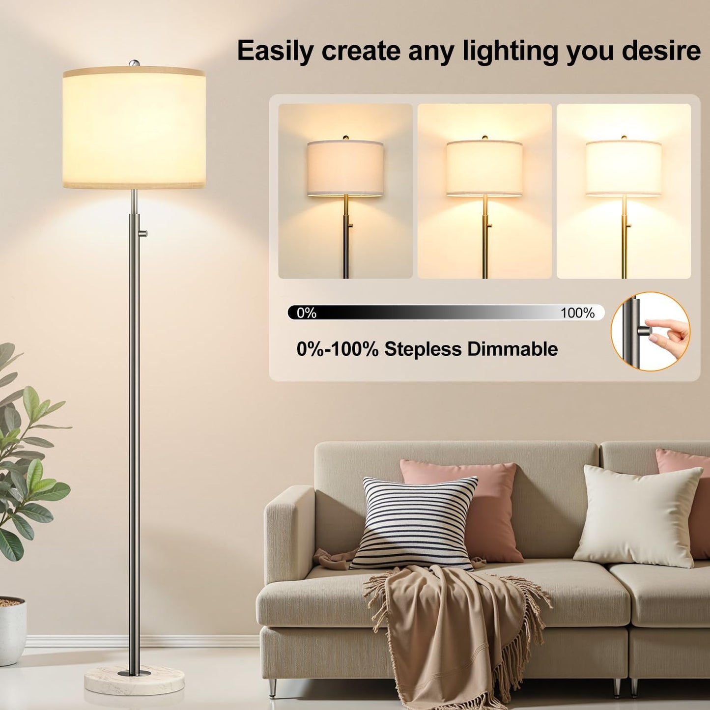 【Upgraded】 Dimmable Floor Lamp for Living Room, 11W LED Bulb Included, Modern Standing Lamp with Marble Base, Tall Pole Light with Linen Shade for Bedroom Reading Office Corner Nursery-Brushed Nickel