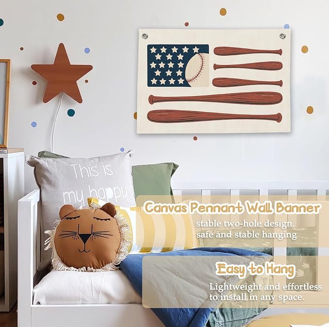 RTXLEZM Baseball Wall Decor,Vintage Boys Room Decor Canvas Banner Hanging | Patriotic Decor for Toddler Boys Kids Nursery Bedroom Playroom Classroom Teen 20x30 inch
