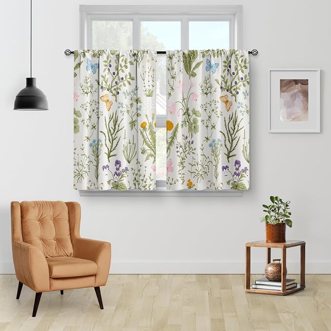 Aimego Flowers Floral Kitchen Curtains - Leaves Spring Botanical Small Short Tier Cafe Window Curtains for Bathroom Living RV Room Rod Pocket Window Drapes 36 Inch Length 2 Panels Set 28"x36"