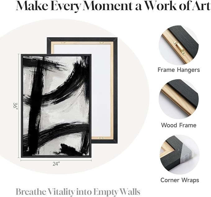 Framed Black and White Abstract Wall Art Set of 2 for Living Room, Large Mid Century Modern Canvas Artwork for Walls, Contemporary Minimalist Ink Painting Print Wall Decor for Bedroom Office, 24x36 In