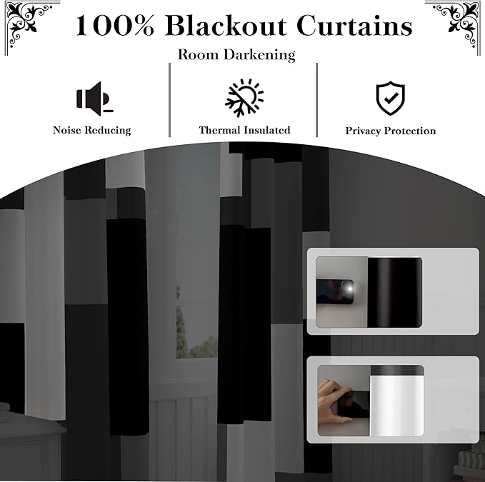Tyrot Black Grey 100% Blackout Curtains for Bedroom 72 inch Length 2 Panels Set White Grey Modern Abstract Geometric Black Out Curtains Insulated Room Darkening Window Drapes for Living Room, 42Wx72L