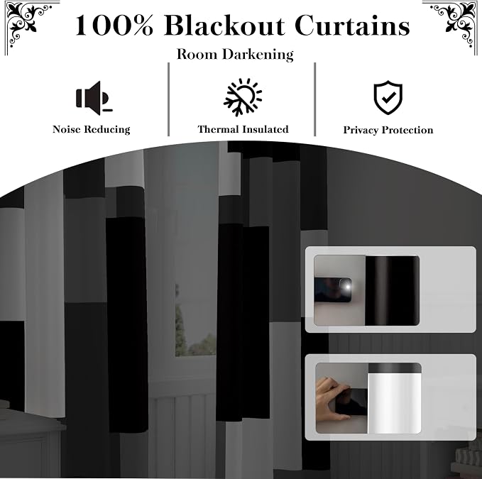 Tyrot Black Grey Short Blackout Curtains 45 inch Length 2 Panels Set White Grey Modern Abstract Geometric Drapes for Kitchen Black Out Curtains Insulated Room Darkening Small Window Curtains, 42Wx45L