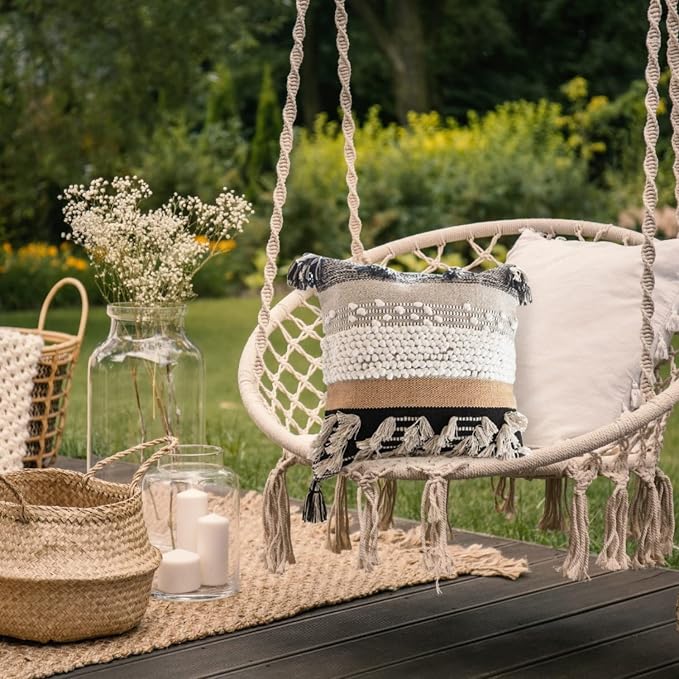 Throw Boho Pillow Cover, 18”x18” Bohemian Moroccan Rustic Decorative Pillows with Tufted Accents, Plush Handwoven Cotton, Textured Woven Neutral Farmhouse Scandinavian Home Decor