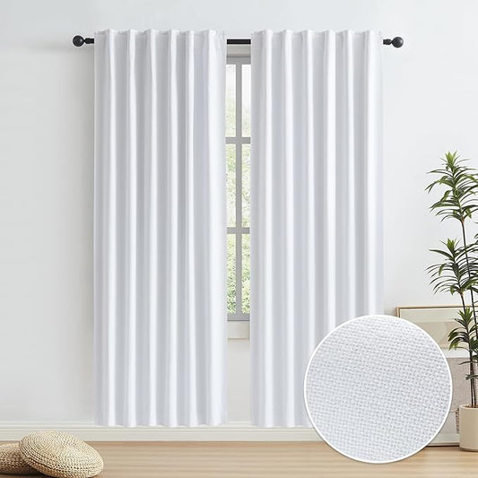 KEQIAOSUOCAI Full Blackout Linen Curtains Back Tab Rod Pocket Bedroom Curtains 72 Inch Length Flax Burlap Textured Noise Reducing Heat Sun Blocking Drapes for Nursey W50 x L72, 2 Panels, Pure White