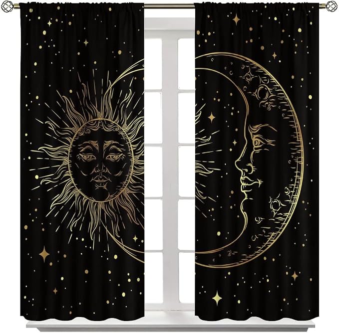 Gold Sun and Moon Blackout Windows Curtains, Fantasy Mandala Bohemian Universe Galaxy Printed Curtains, for Living Room Bedroom 55x63in 2 Panels