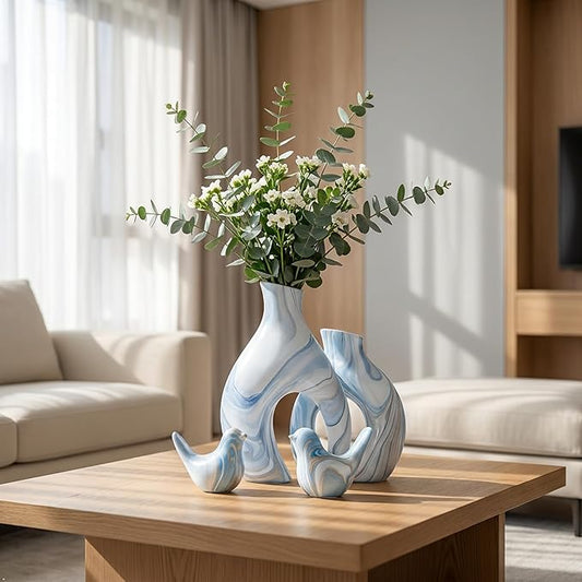 2 Blue White Marble Vases & 2 Hand-Painted Bird Statues Bundle