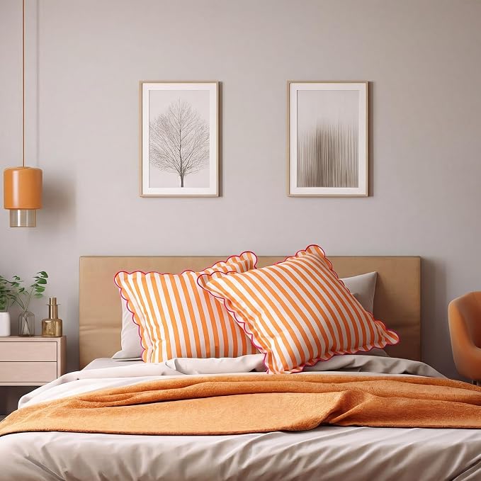 Newwiee 2 Pack Scalloped Pillow Cover 18 x 18 Inch Orange Powder Stripe Throw Pillow Cover Cotton Decorative Pillowcase for Women Men Couch Living Room Cushion Indoor Outdoor Decoration