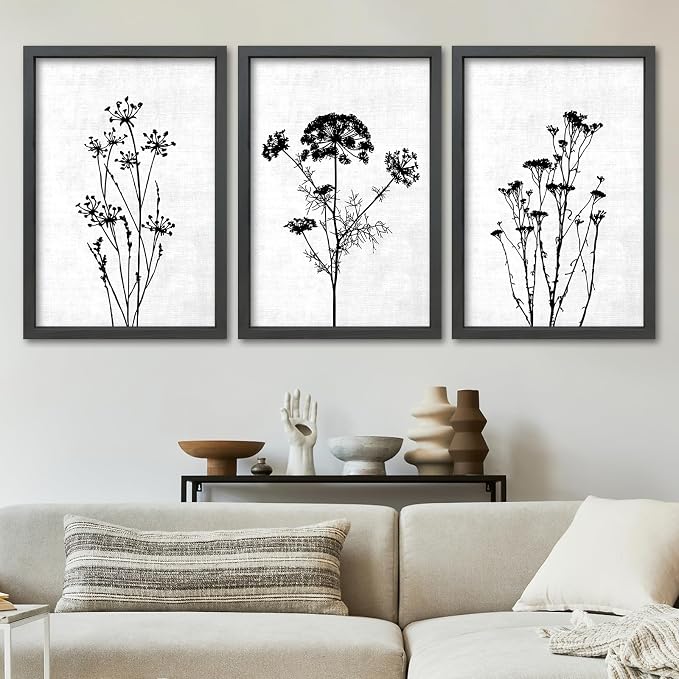 TQianJiang Flower Plant Wall Decor 16"x11" Black And White Botanical Painting Wood Framed Set of 3 Bedroom Office Abstract Wildflower Sign Hanging Art (Black)