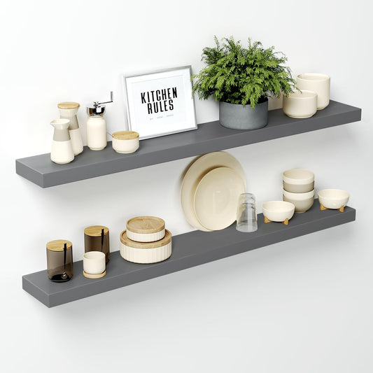 Homeforia Gray Floating Shelf 48 inch, High End Solid Real Wood 48inch Floating Shelves for Wall Mounted, Grey Wooden 48 inches Long Floating Shelves, Heavy Duty Bracket, 48 X 6.5 X 1.75 in, Set of 2