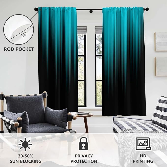 AAtter Teal and Black Window Curtains, Ombre Wide 52" W x 63" L, 2 Panels | Turquoise Modern Rod Pocket Drapes, Abstract Striped Style, Dark Aqua Design, Anime Living Dining Room Decor for Men