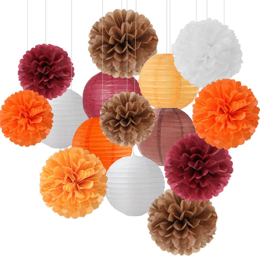 Brown Burgundy-Orange Party-Decorations Paper-Flowers Lanterns - 15PCS Fall Boho Tissue Pom Poms Streamers,Baby Bridal Shower Rustic Wedding Neutral Birthday Coffee Halloween ThanksgivingDecor Hugfond