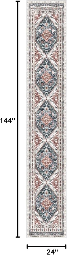 Madane Washable Runner Rugs 2x12 Long for Hallway Kitchen Soft, Navy Blue | Non-Slip Vintage Printed 12ft Rug Runners with Rubber Backing, Thin Low-Pile Floor Carpet Laundry Room Entryway, Corridor