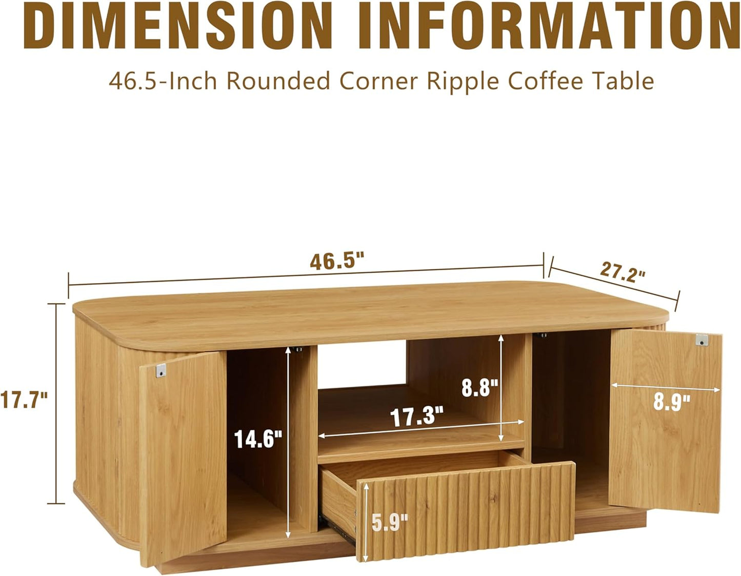 46.5" Oval Coffee Table with Drawers and Storage Mid Century Modern Fluted Solid Wood Side Coffee Tables, Luxury Tea Table Center Table for Living Rooms Offices Apartmen, Natural