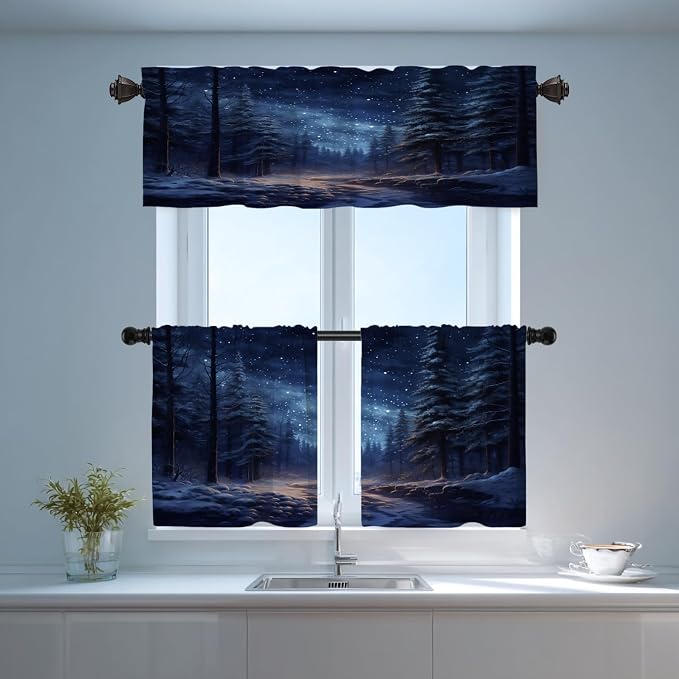 Shrahala Winter New Year Blackout Curtain Tiers, Stars Forests Snow Night Kitchen Valance Light Blocking Tier Drapes with Rod Pocket, 2 Pack 26 X 36 in