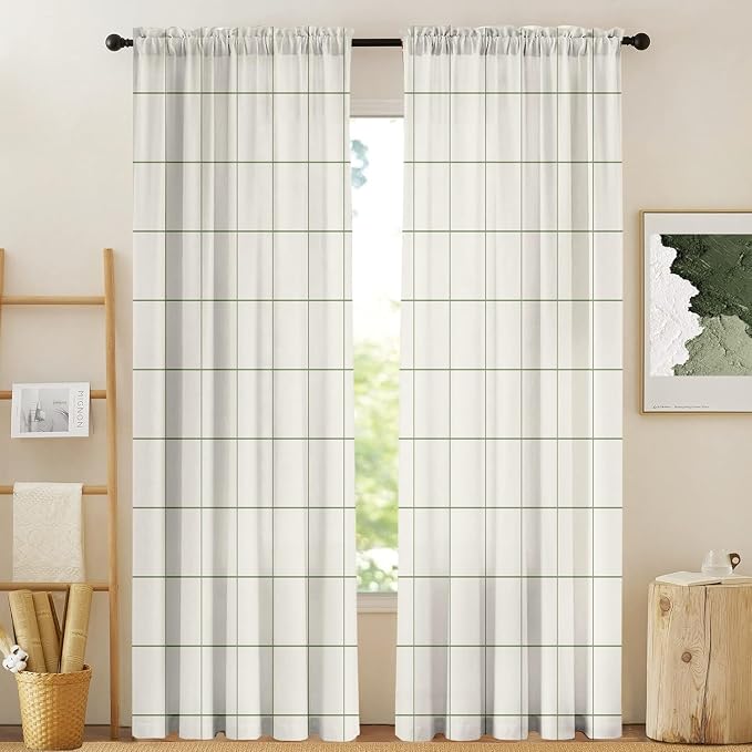 Plaid Curtains 84 inches Long for Bedroom,Farmhouse Gingham Curtains 84 Inches Long for Living Room,Beige Sage Green Gingham Checkered Rod Pocket Light Filtering Stripes Privacy Drapes 2 Panels