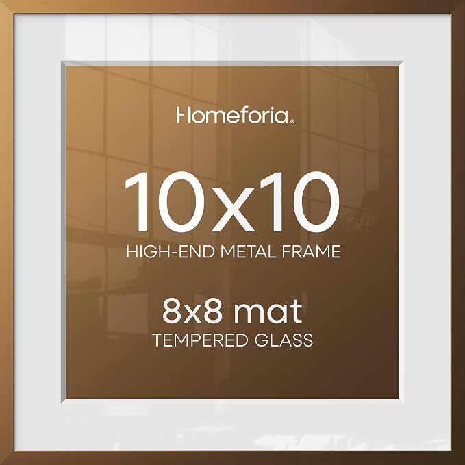 Homeforia 10x10 Picture Frame Bronze, High End Metal 10 by 10 Square Brass Frames with Mat 8 x 8 Photo, 10x10 Poster Frame Matted to 8x8 Art, Wall or Tabletop Frame, Tempered Glass, Wall Kit, Set of 3