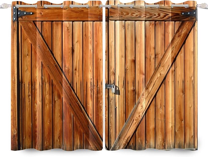 Russet Wooden Door Window Curtains Old Garage Door Curtains Rustic Barn Door Curtains Vintage Wood Planks American Rural Style Native Country Farmhouse Drape Treatments,53x63 inch,2 Panels