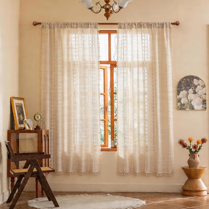 Natural Boho Sheer Curtains 72 inches long 2 Panels for Bedroom, Light filtering Semi Sheer Bohemian French Country Privacy Tassels Vintage Chic Embroidery Stripes Window Curtains Back Tab, 50" W