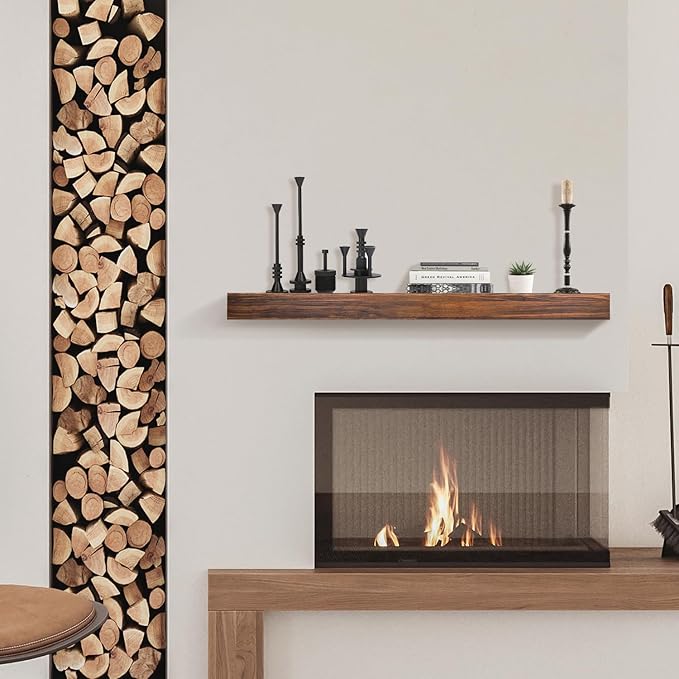 AZSKY Deep Walnut Fireplace Mantel Shelf Wall Mounted, Handcrafted 60 Inch Floating Mantel Shelf for Over Fireplace, Long Hollow Solid Wood Shelf with Invisible Bracket for Living Room Under TV Decor