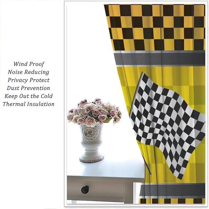 Race Car Blackout Curtain,Kid Boys Checkered Flag Motorsport Yellow Black Grid Print Window for Cafe Dining Room Office Living Room Kitchen Bedroom Drapes, 55x63 in