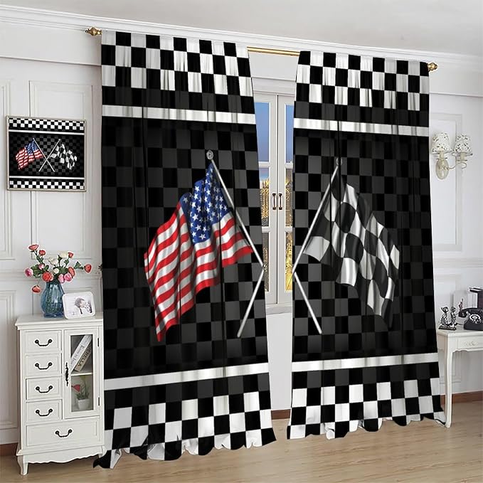 American Flag Window Curtain,Racing Car Black White Checkered Flag Abstract Sports Geometric Cloth Farbic Cafe Dining Room Office Living Room Kitchen Bedroom Drapes, 84x84 in