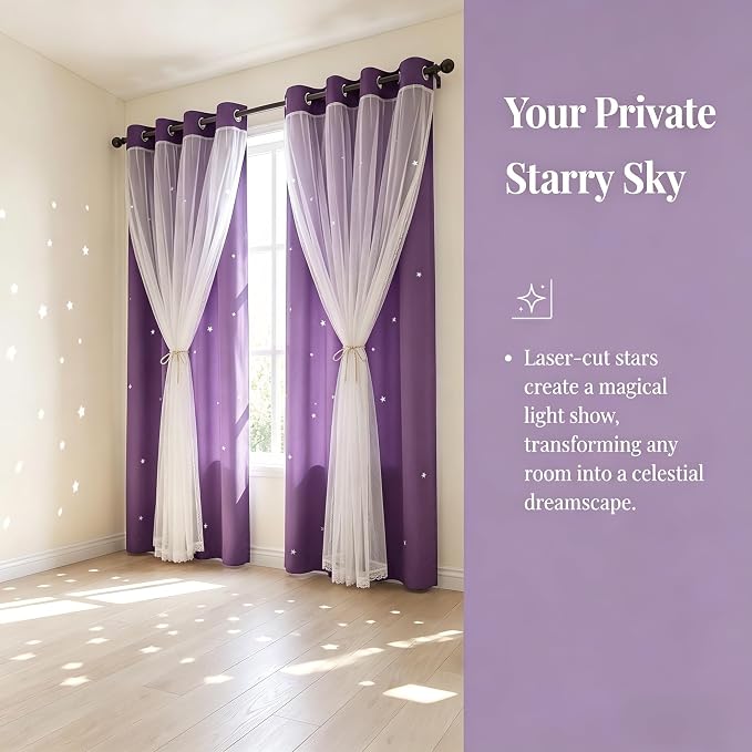 Kids Blackout Curtains for Bedroom/Living Room/Classroom, Sheer Overlay 2 Free Tiebacks, Double Layer Curtains with Star Cutout for Kids Room(Each Piece W 70 x L 95 Inches 2 Pcs Purple)