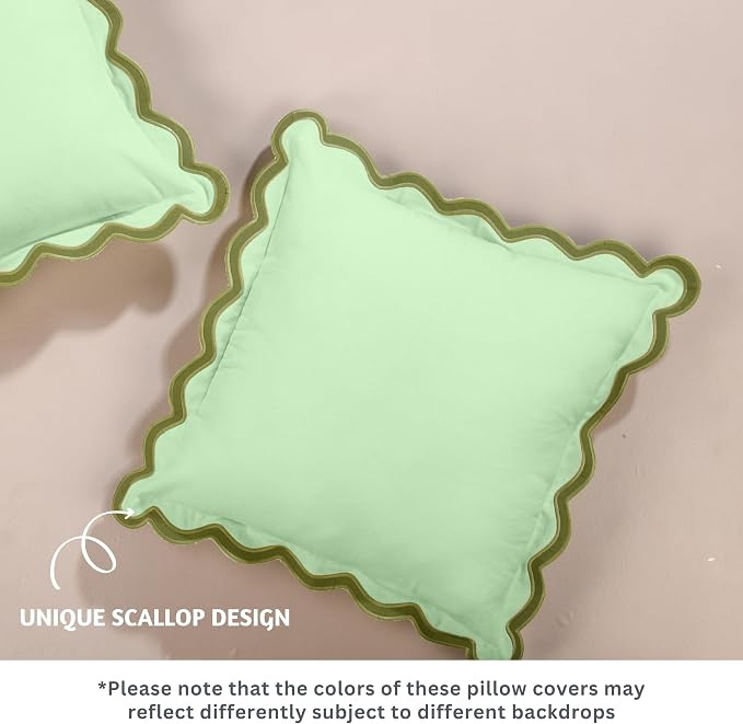 Folkulture Throw Pillow Covers 20x20 Set of 2 | Cotton, Boho, Cute Sage Green Pillow Covers for Couch | Aesthetic, Preppy Scalloped Pillow Cover for Sofa Living Room| Decorative Spring Pillow Cover