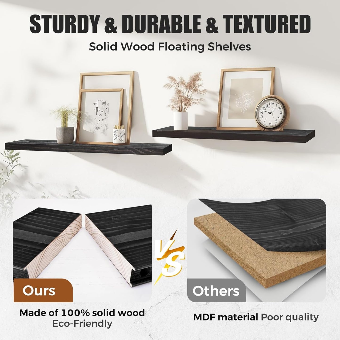 Floating Wall Shelves 2-Pack - 24-Inch Rustic Black Wooden Shelves for Storage and Décor, Easy Installation for Living Room, Bedroom, and Kitchen