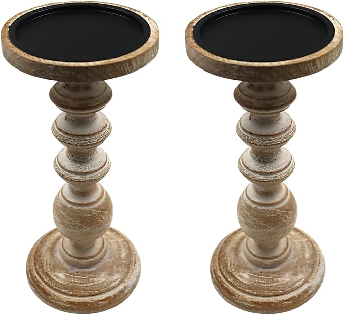 Hosley Set of 2 Natural LED Wooden Pillar Candle Holder 11" High, Country Style Ideal Gift for Wedding Party Home Spa Reiki, Aromatherapy Settings LED Votive Candle Gardens