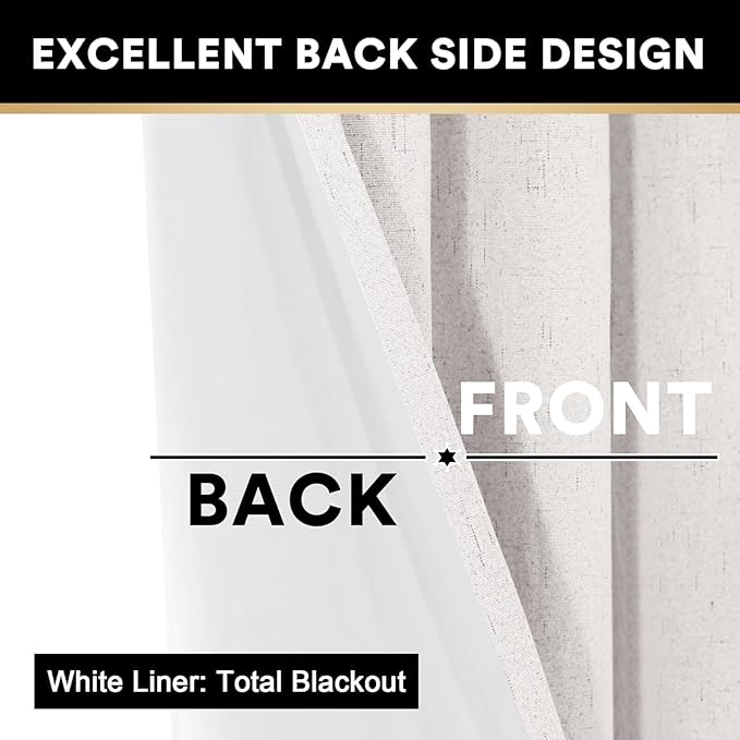 PrinceDeco 100% Blackout Curtains 90 Inches Long with Thermal Insulated White Liner Linen Textured Blackout Curtains for Bedroom, W52 x L90, 2 Panels,90 inch Length for Doorway, Office, Ivory