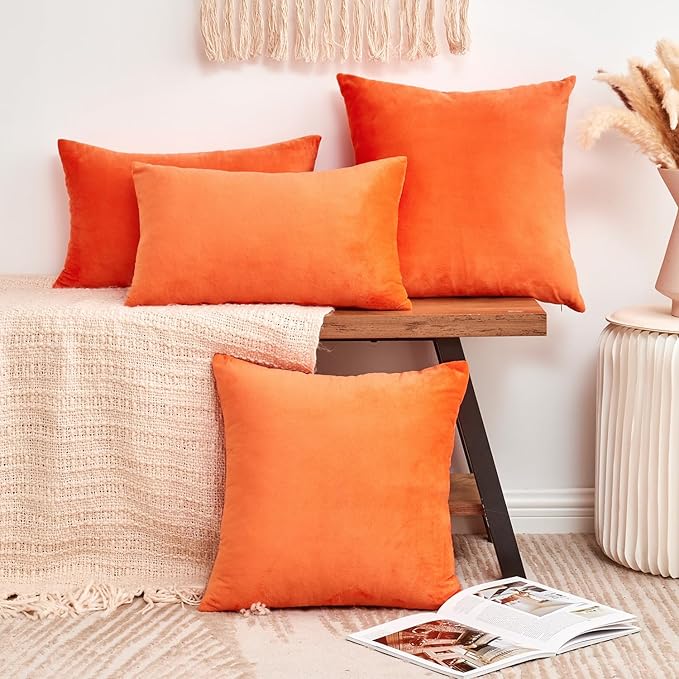 Fall Orange Throw Pillow Covers Decorative Velvet Set of 2 24x24 Inch Pillow Covers, Soft Burnt Orange Pillowcases for Couch Sofa Bed Living Room, Farmhouse Boho Decor, Accent Cushion Covers
