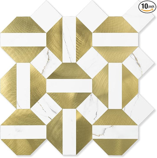 10-Sheets Peel and Stick Backsplash Tiles, PVC Marble Mixed Metal Look,Heat Resistant Stick on Tiles for Kitchen Wall,Bathroom,Laundry Room (Marble Gold & Gold)