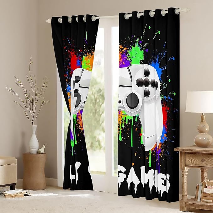 Feelyou Kids Boys Graffiti Gamer Window Curtains Black Gaming Blankout Curtains Game Darkening Drapes for Toddler Game Room Decor Window Treatments (2 Panels, 52 x 84 Inch)