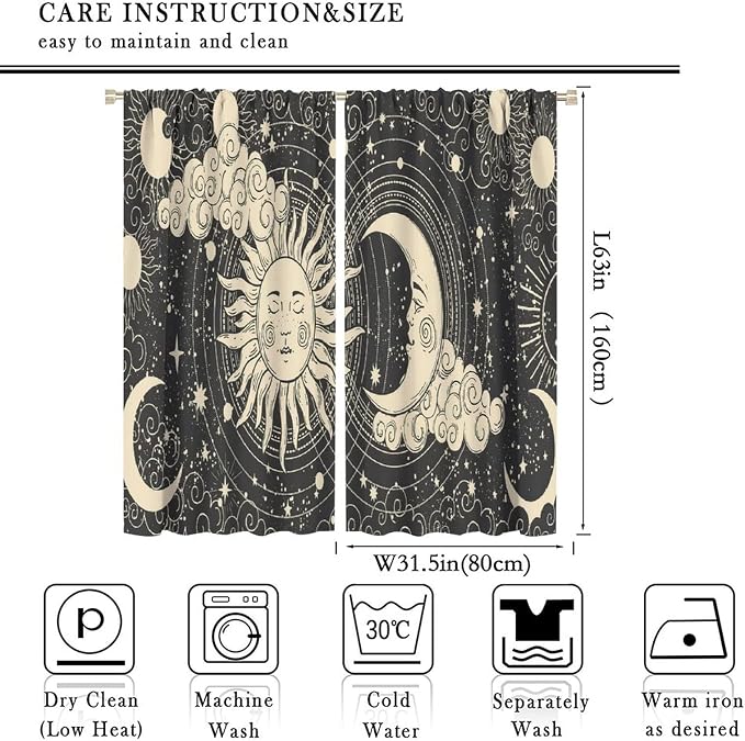 Bohemian Sun Moon Blackout Windows Curtains, Golden Sun Crescent Moon and Stars Vintage Cosmic Galaxy Printed Curtains, for Living Room Bedroom 63x63in 2 Panels