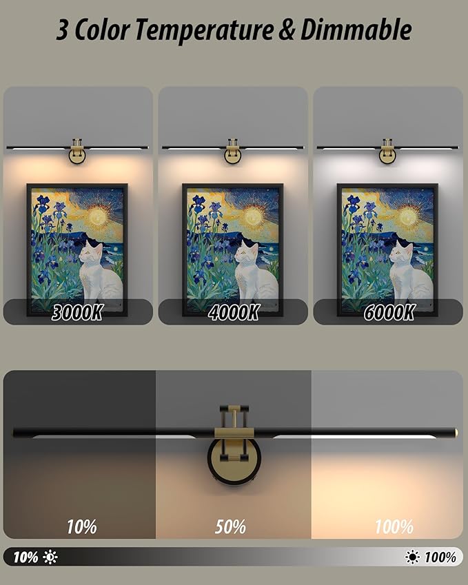 Picture Lights Battery Operated, 38inch 3CCT&Dimmable Picture Frame Light with Remote, 5200mAh Rechargeable Picture Light for Wall, Black and Gold