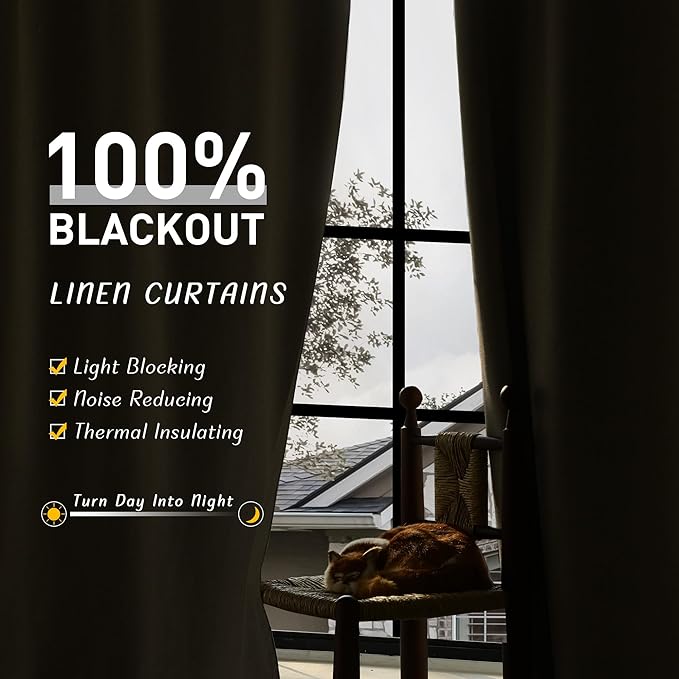 UHITECH Black Out Curtains 60 Inch Long for Bedroom 2 Panels Set Linen Textured Thermal Natural Curtain for Living Room Darkening for Small Windows Rod Pocket Modern Shower Drapes for Bathroom