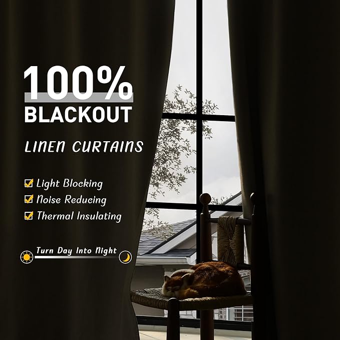 UHITECH Linen Blackout Curtains 102 Inch Long 2 Panels Set Thermal Living Room Black Out Curtains for Bedroom Nursery Modern Farmhouse Darkening Drapes for Windows