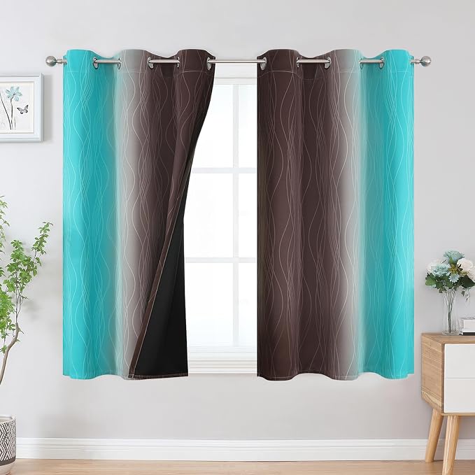 Estelar Textiler Brown and Teal Ombre Blackout Curtains 45 Inch Length 2 Panels, Full Room Darkening Gradient Drapes for Bedroom, Thermal Insulated Grommet Short Curtains for Bathroom, 42Wx45L