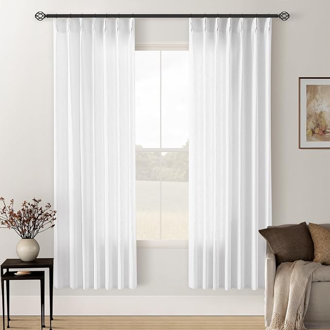 Snow White 72 Inch Pinch Pleated Linen Curtains 2 Panels for Living Room Bedroom Memory Training Shaped Semi Sheer Short Pleat Drapes with Hooks Rings Back Tab Window Curtain Cabin Closet 40x72